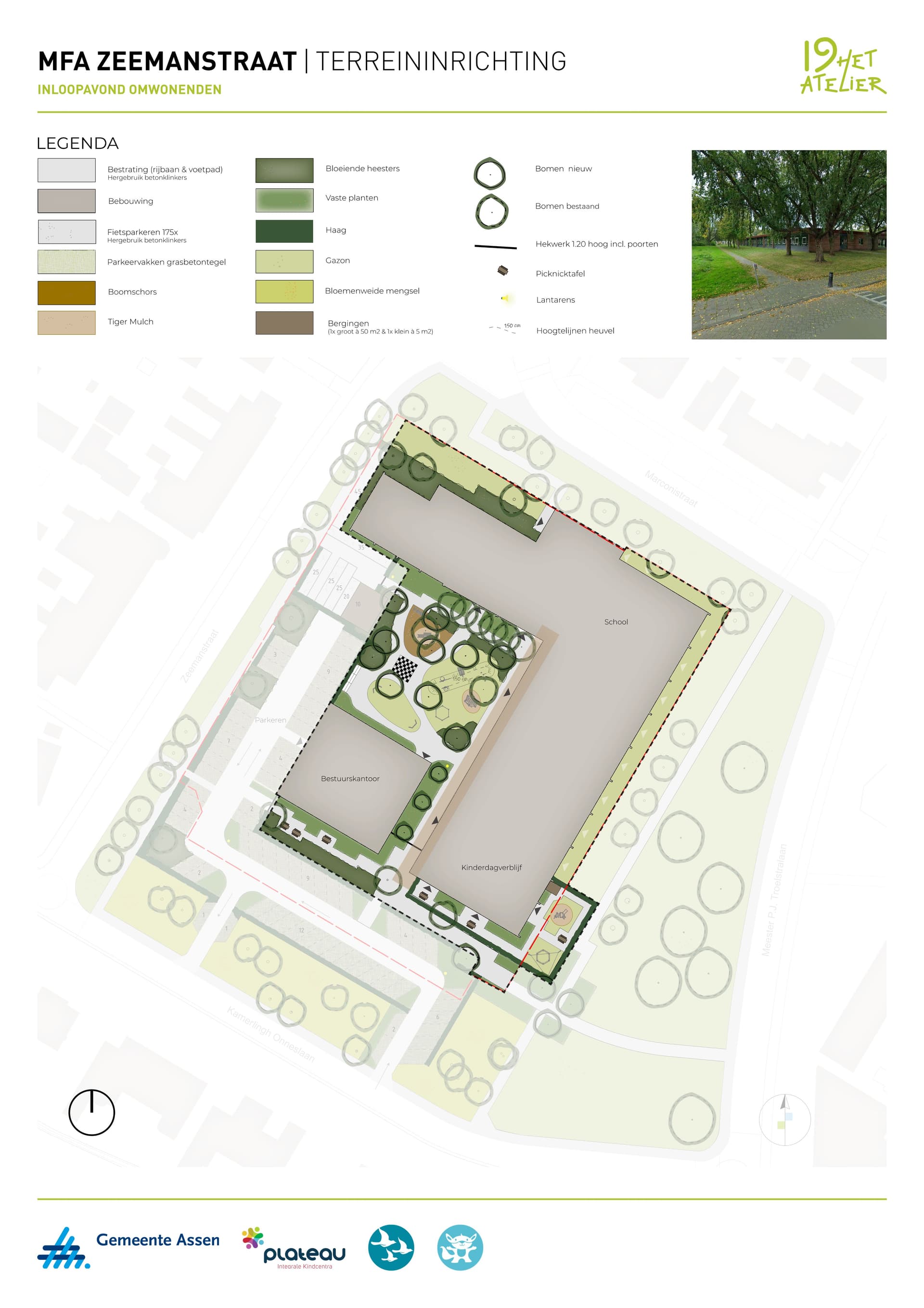 Plattegrond van de nieuwe inrichting van het terrein van MFA Zeemanstraat, met onder andere groen, paden, parkeren en speelplekken.