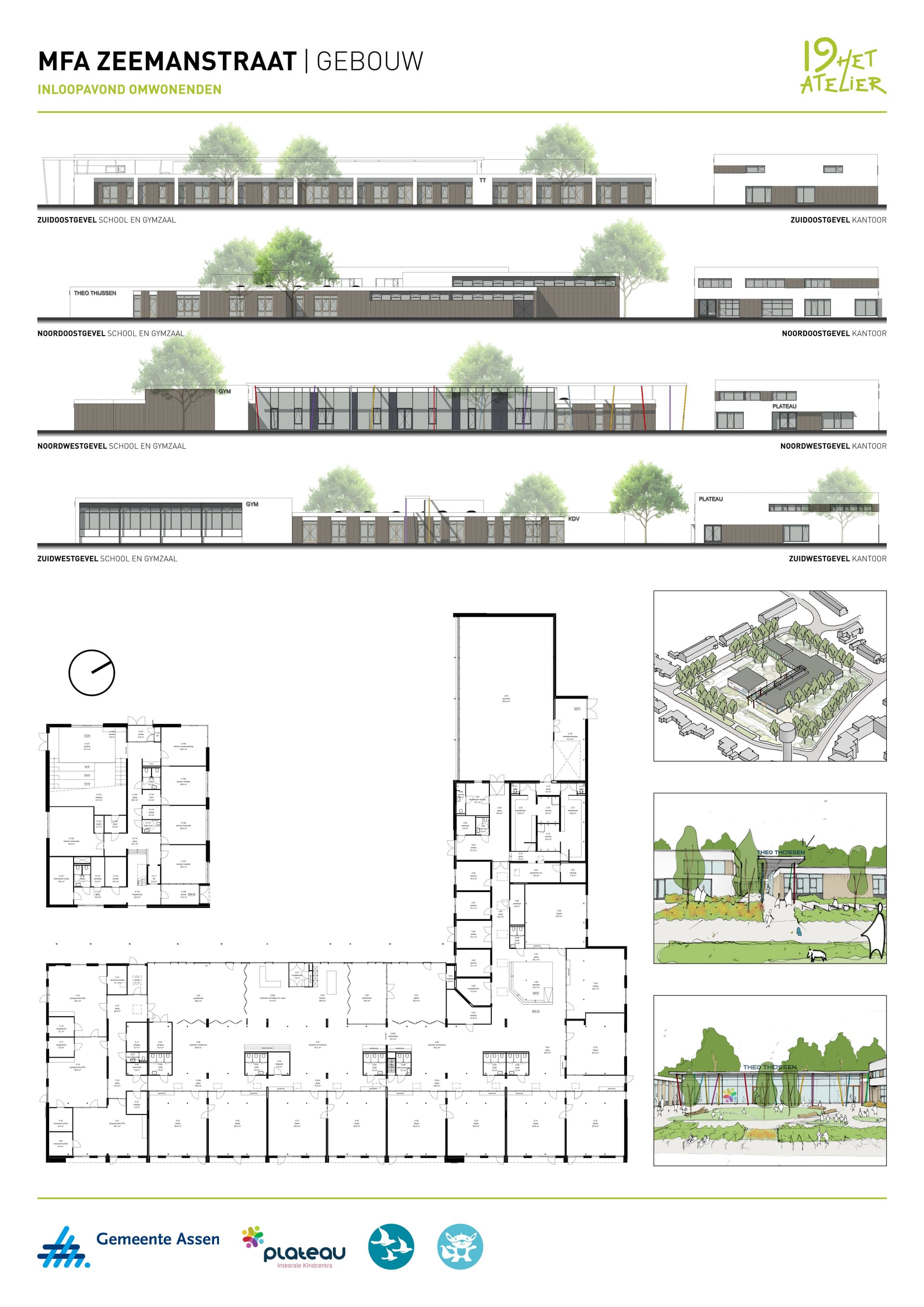 Ontwerptekeningen van het gebouw met gevels, plattegronden en sfeerbeelden.