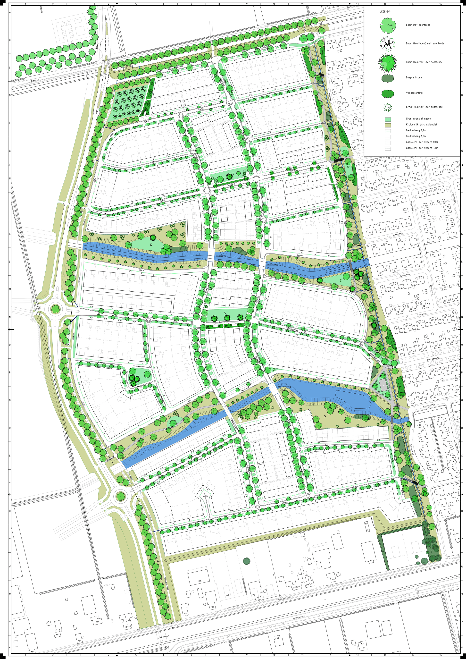 Op de kaart van Kloosterakker ziet u een overzicht van alle bomen, struiken, planten en ander groen die in de wijk worden gerealiseerd.