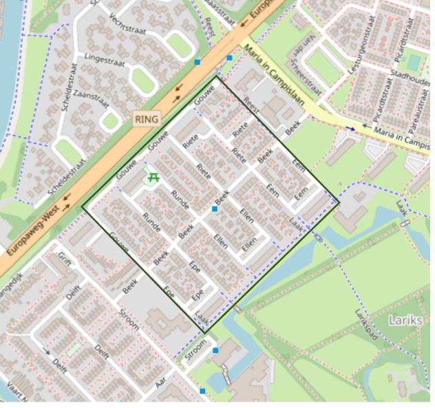 Het gebied van in proeftuingebied De Lariks. De straten Grouwe, Runde, Epe, Beek , Ellen, Laak, Riete en Eem zijn afgebeeld op de kaart.