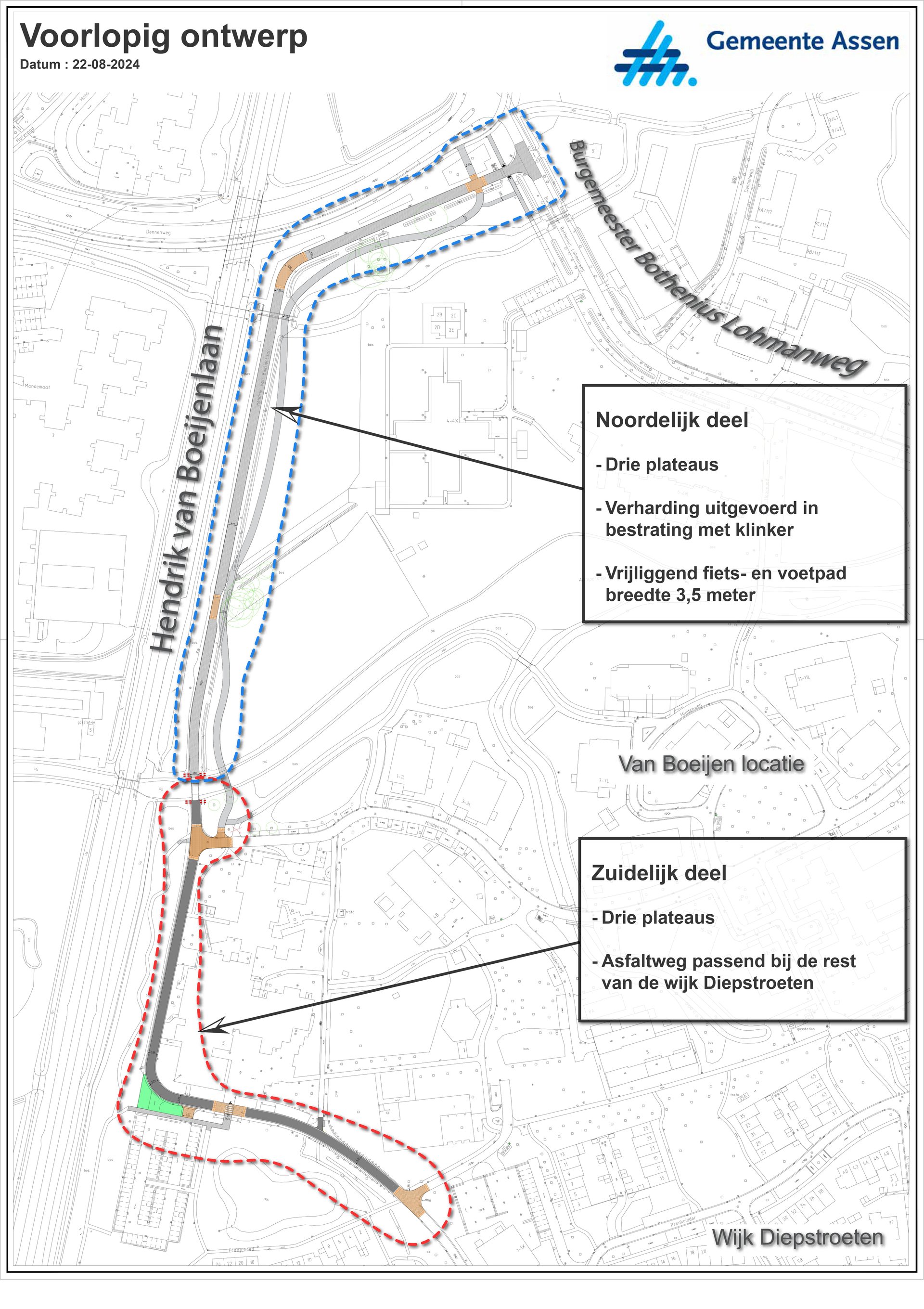 Op de afbeelding staat een kaart met het nieuwe ontwerp van de Hendrik van Boeijenlaan.