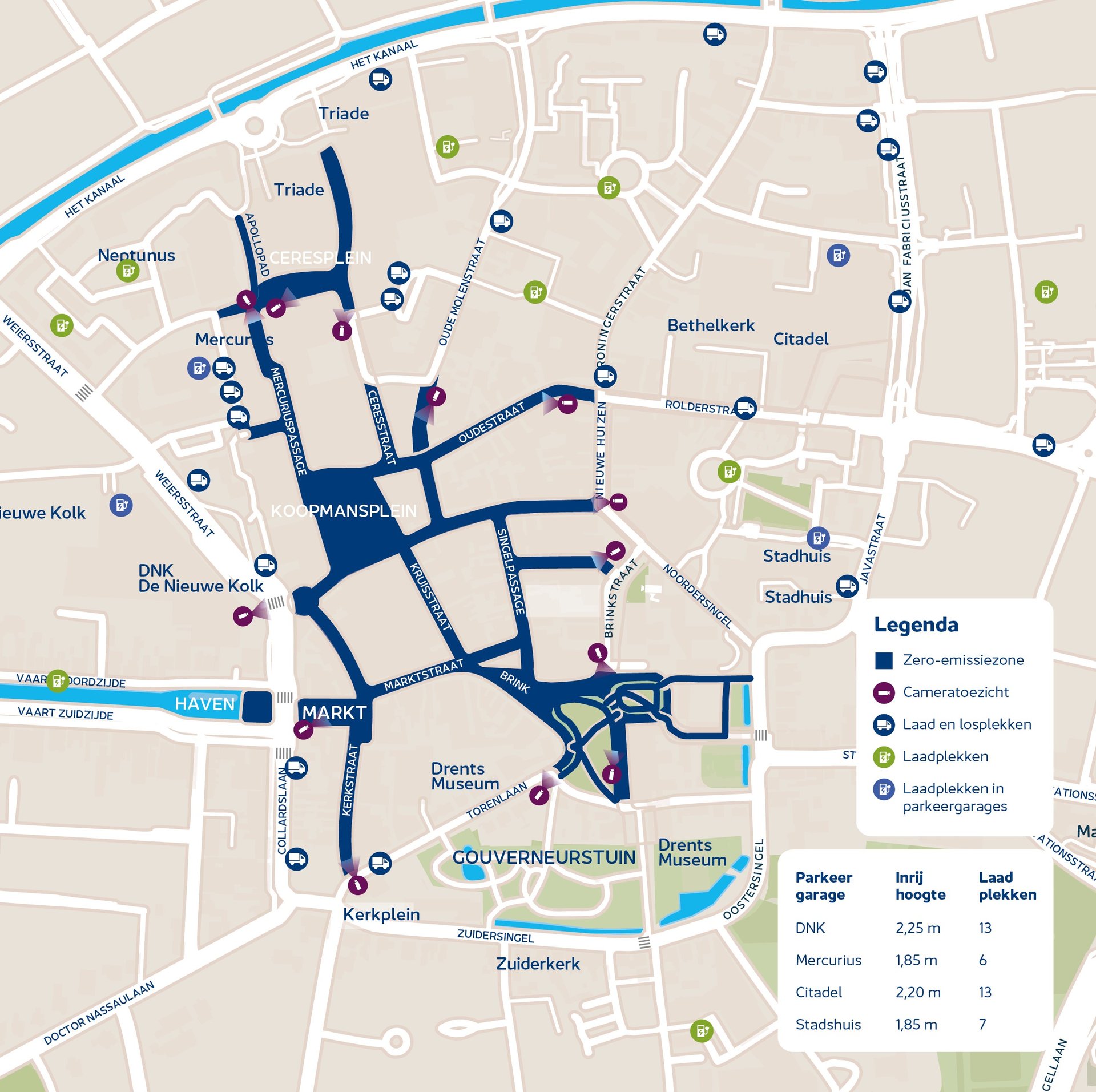 Kaart van binnenstad met de oplaadplekken