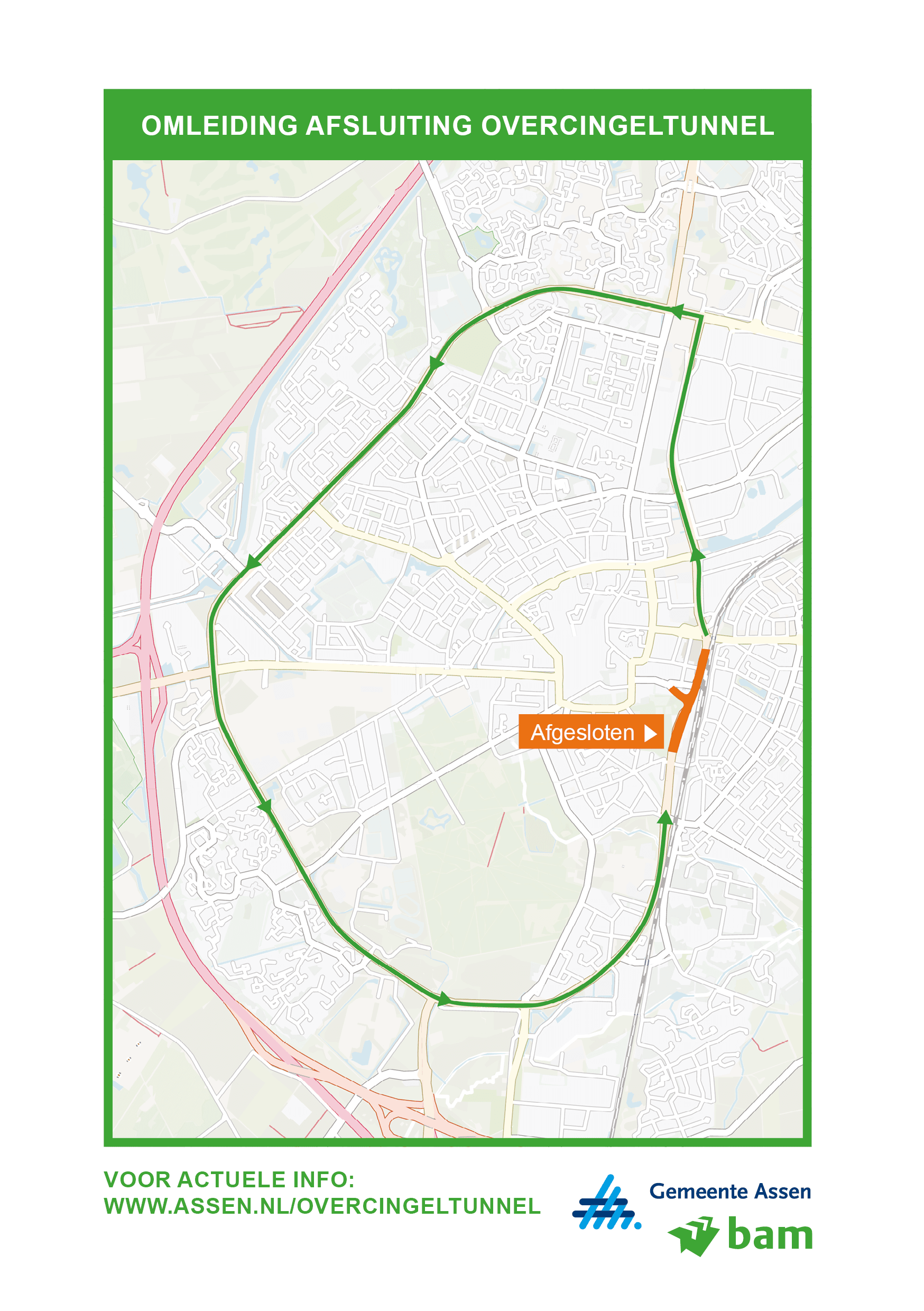 Deze kaart laat de bereikbaarheid van het station zien. Vanaf de noord-kant een rijlijn via de stationsweg. Via de zuidkant kan een rijnlijn met daarbij in- en uitrijden via de Zuidelijke ringweg. Ook worden de kiss&ride locaties bij het station gemarkeerd. De logo’s van BAM en gemeente Assen, en een link naar assen.nl/overcingeltunnel voor meer informatie.